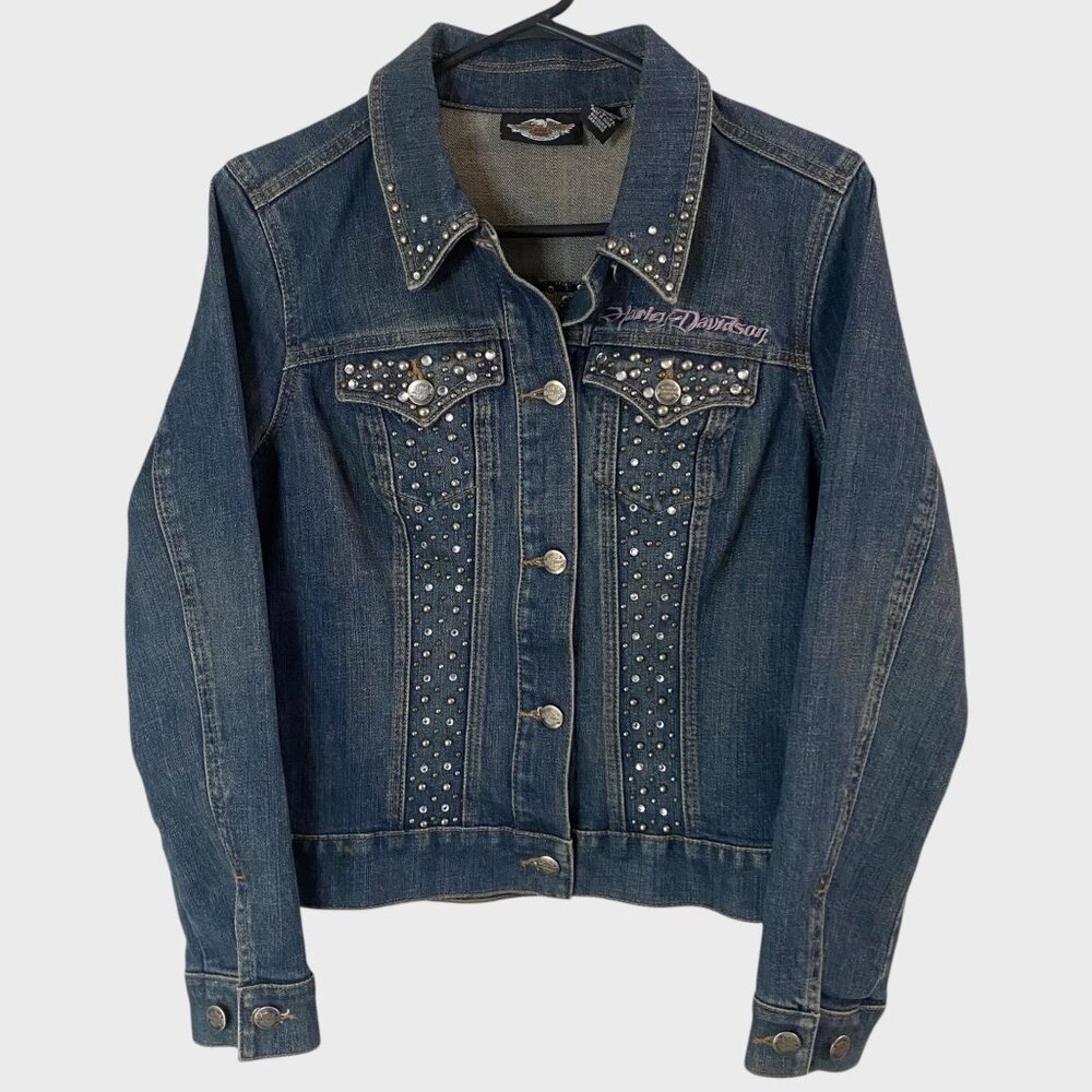 Y2K Harley-Davidson Embroidered Jean Jacket Women's Small Rhinestone Studded - Picture 1 of 14